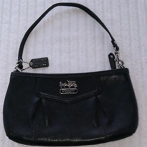 Coach Black Leather Wristlet Bag with Silver Accents